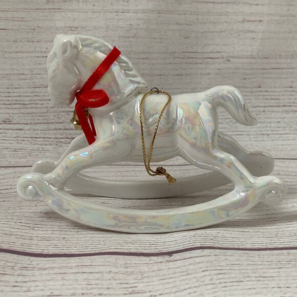 White Iridescent Rocking Horse Ornament with Red Bow and Bell 3 1/4" Tall - Picture 3 of 16